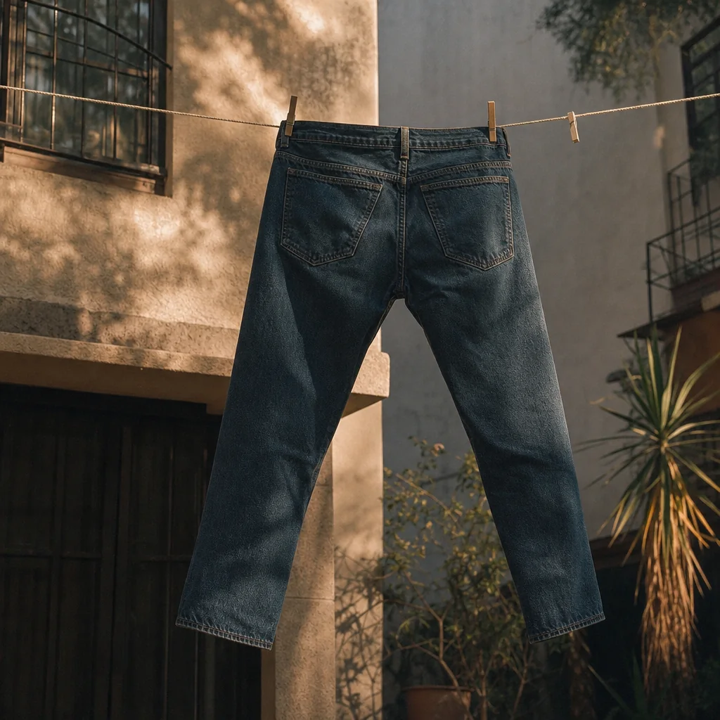 Jeans oscuros en un tendedero de patio urbano