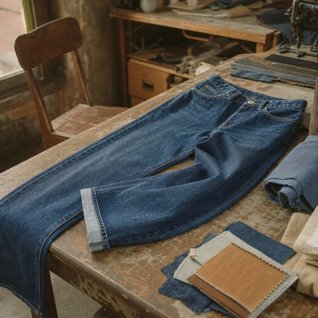 Jeans de algodón sobre una mesa de corte con retazos