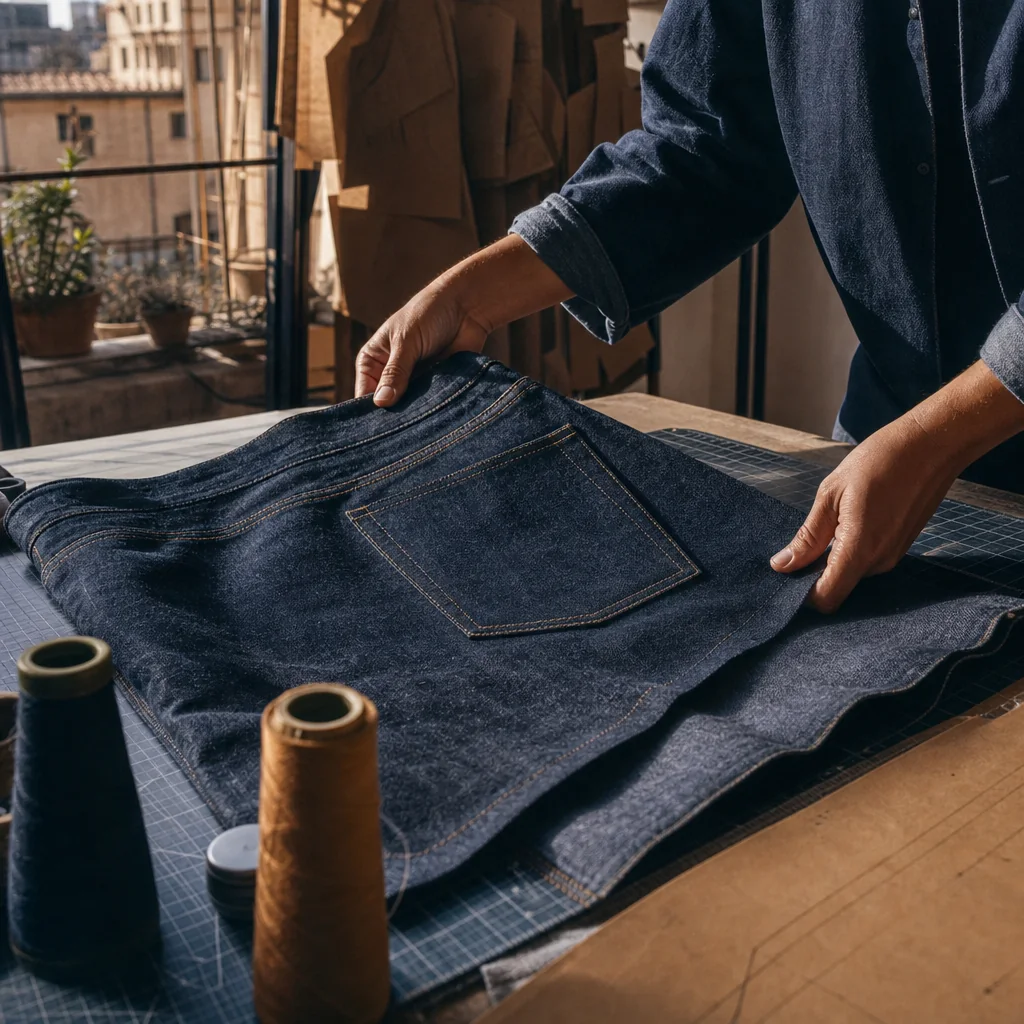 Muestra de mezclilla sin marca sobre una mesa de diseño