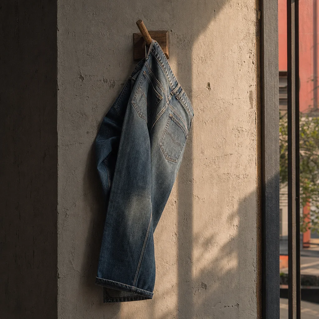 Jeans resistentes colgados contra una pared de yeso