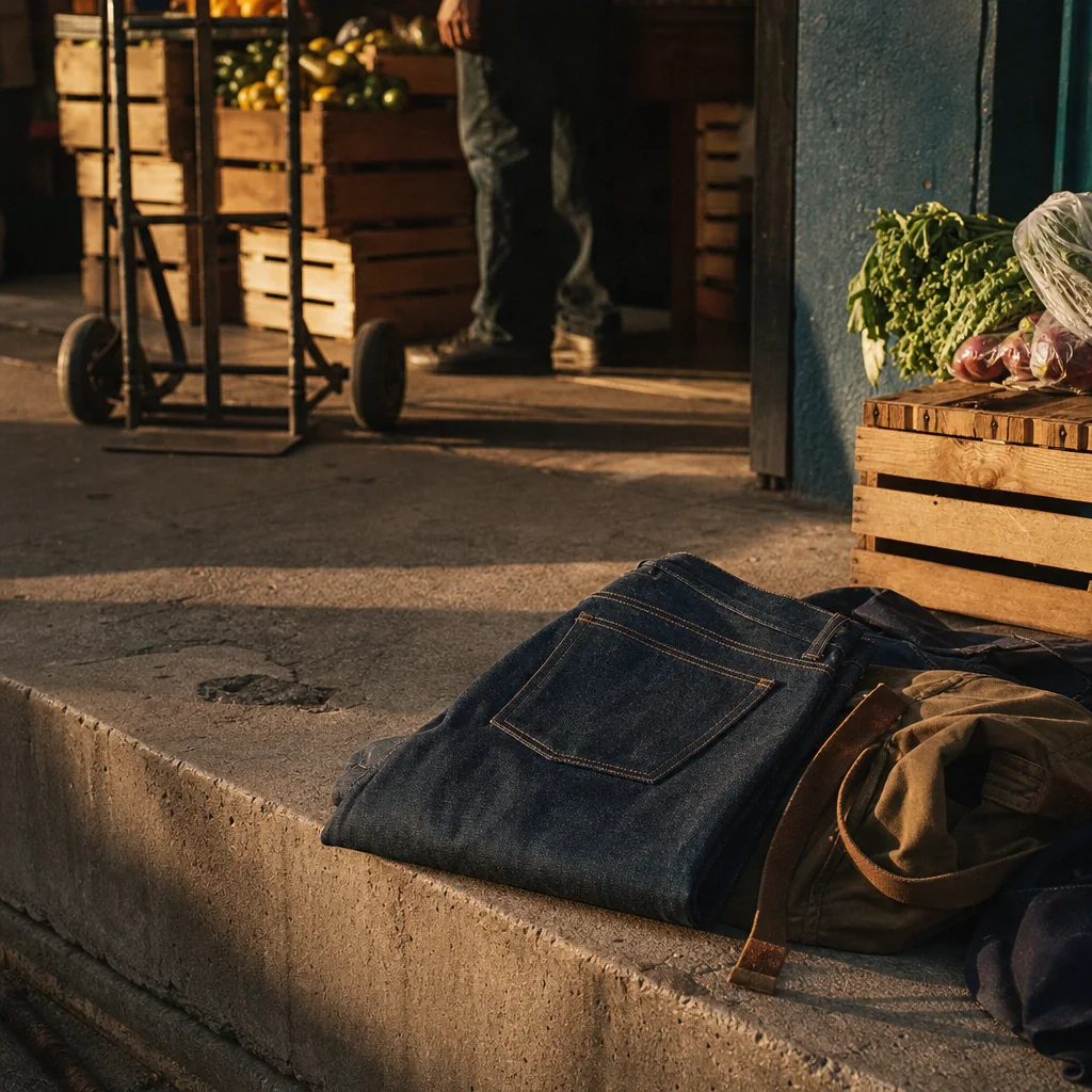 Jeans rígidos doblados sobre una banca de concreto
